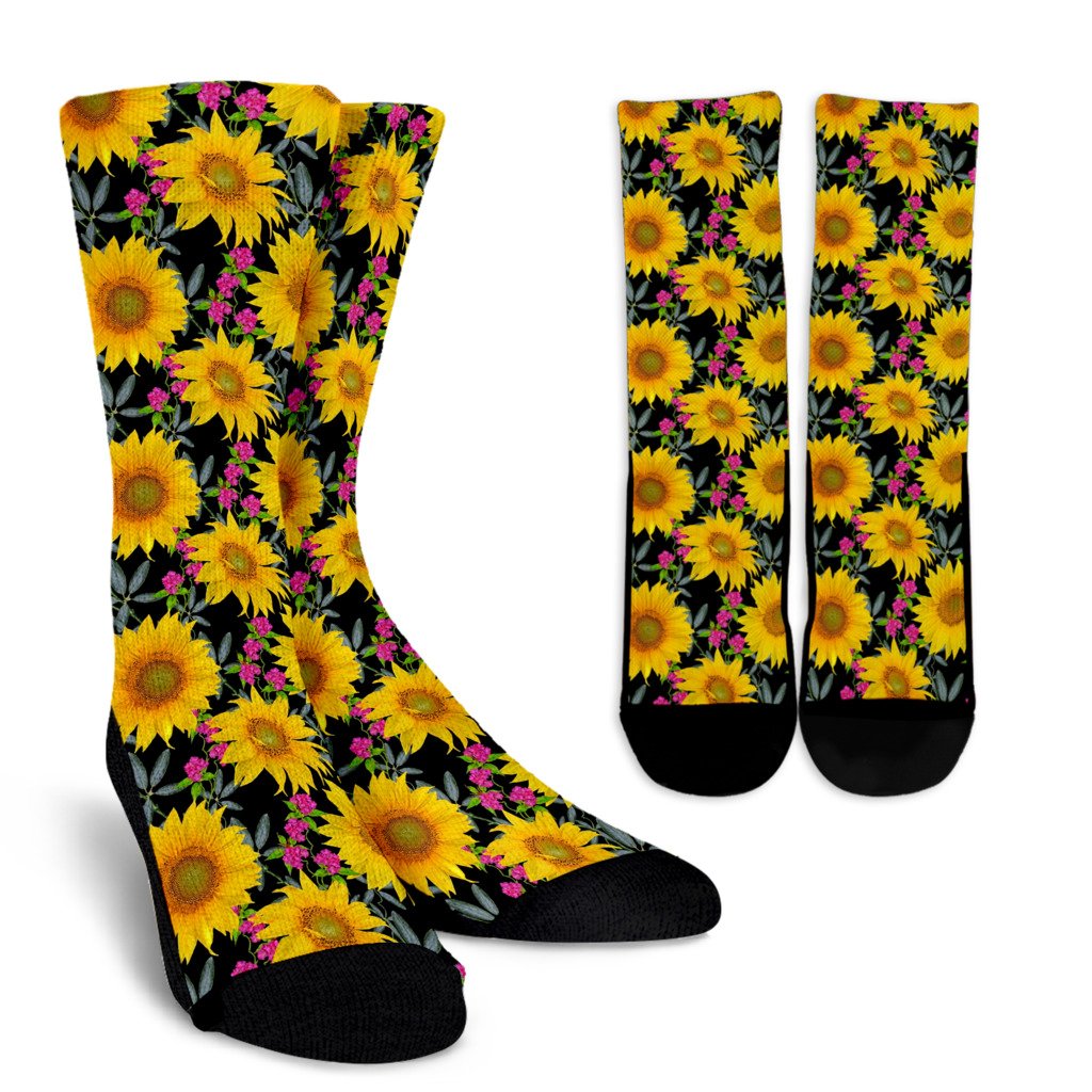 Sunflower Pattern Print Design SF014 Crew Socks-JORJUNE.COM