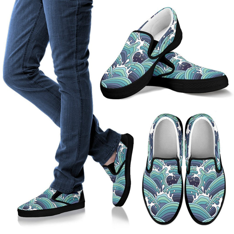 Surf Blue Wave Women Canvas Slip On Shoes