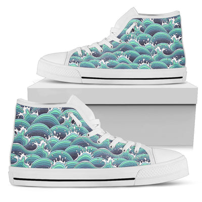 Surf Blue Wave Women High Top Canvas Shoes