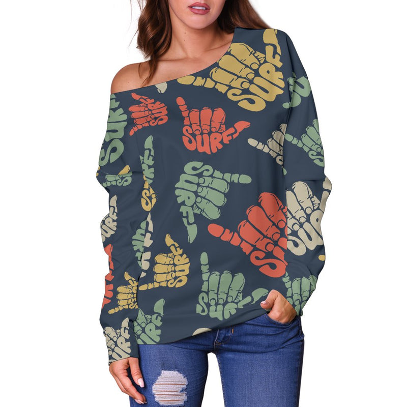 Surf Hand Sign Off Shoulder Sweatshirt