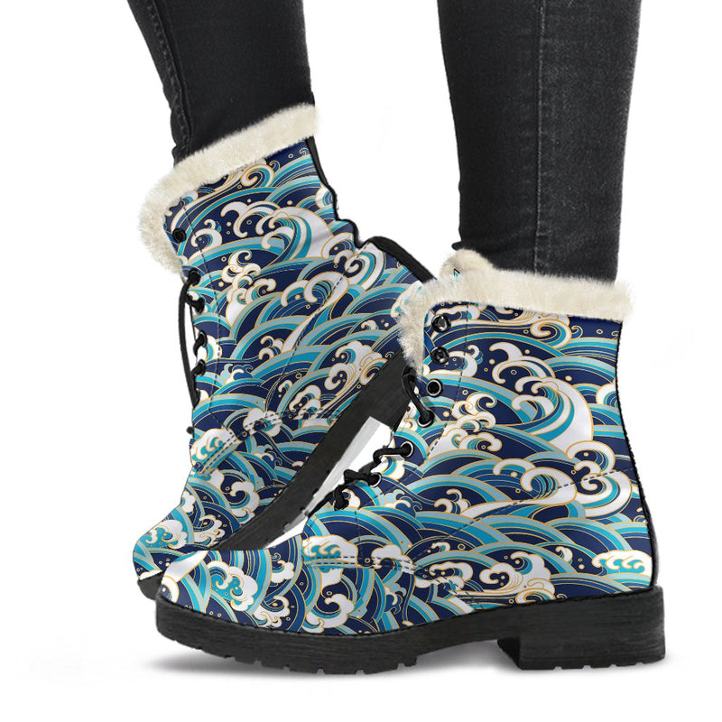 Surf Wave Pattern Faux Fur Leather Boots