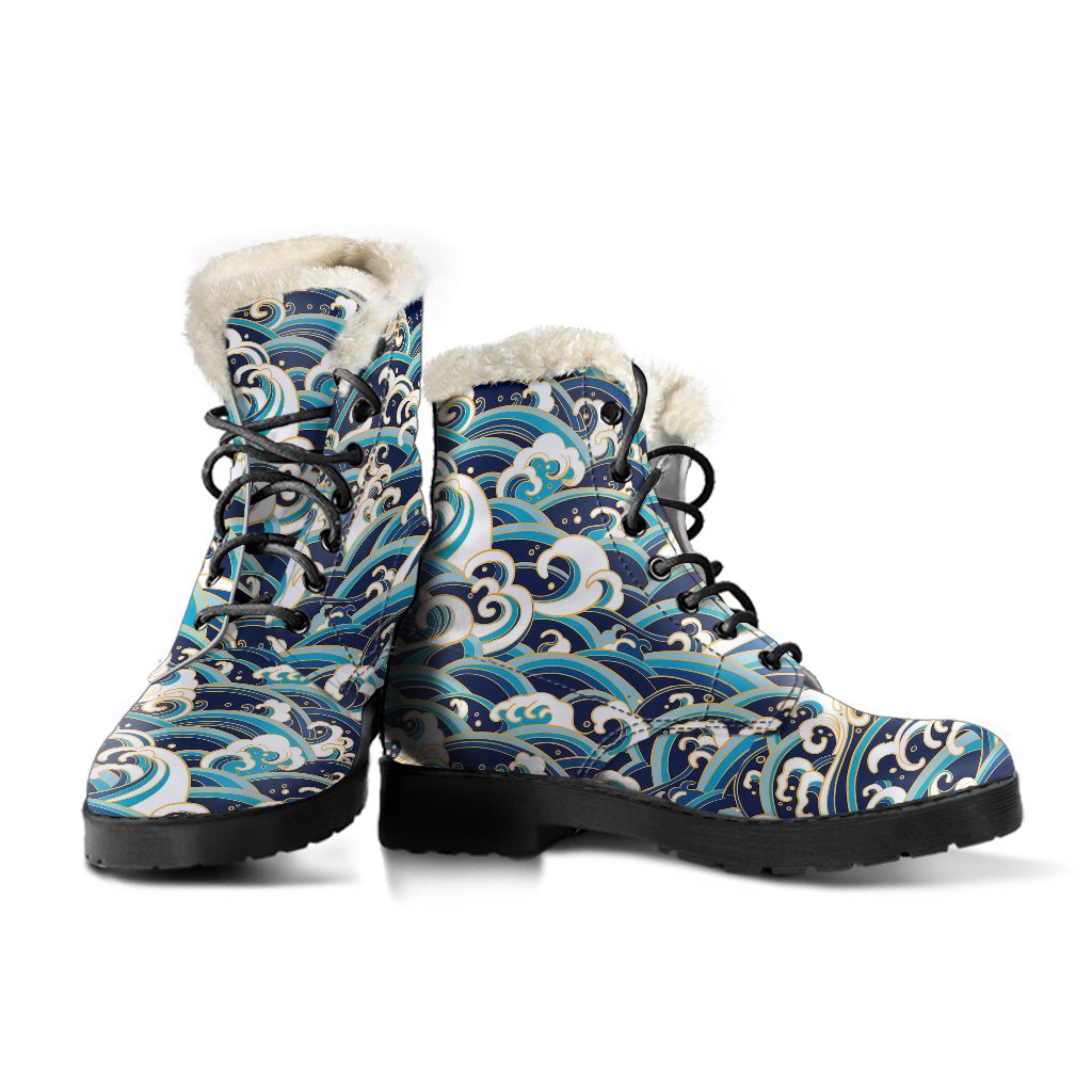 Surf Wave Pattern Faux Fur Leather Boots