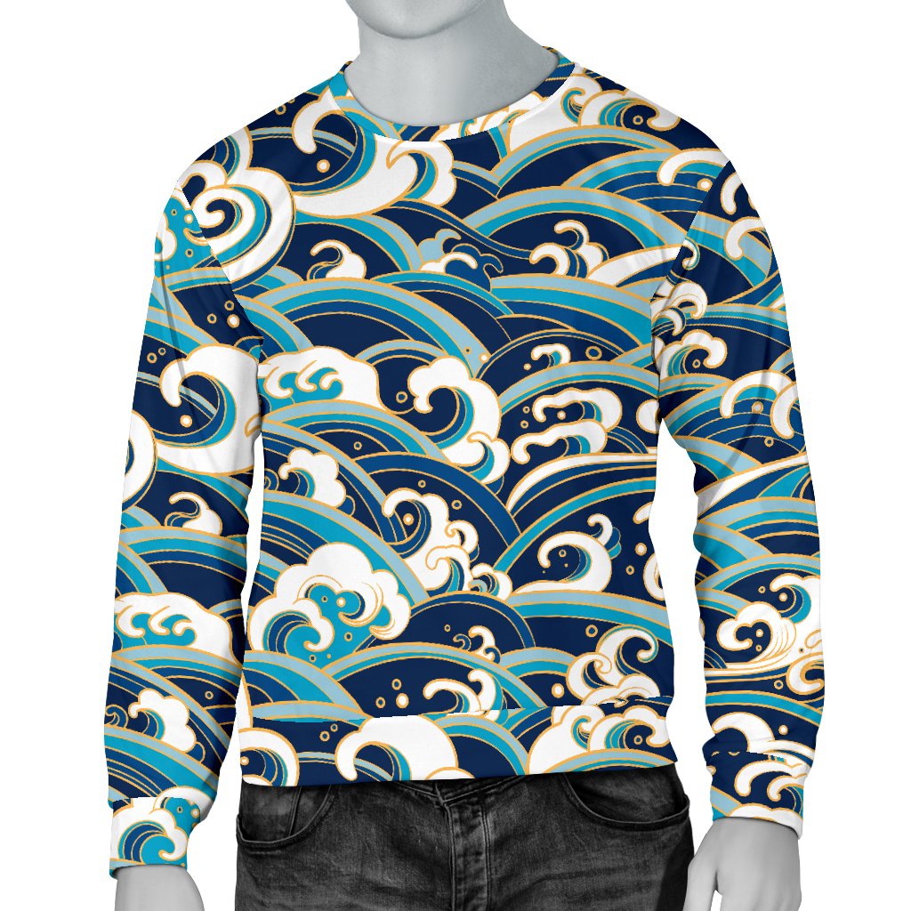 Surf Wave Pattern Men Crewneck Sweatshirt