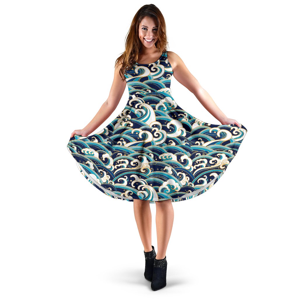 Surf Wave Pattern Sleeveless Mini Dress