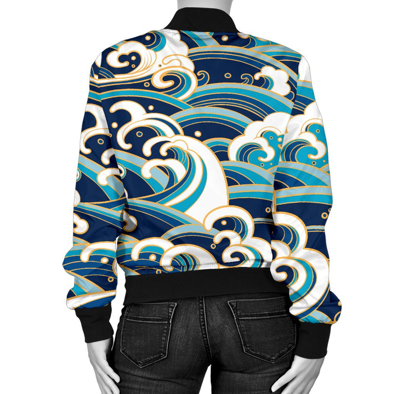 Surf Wave Pattern Women Casual Bomber Jacket