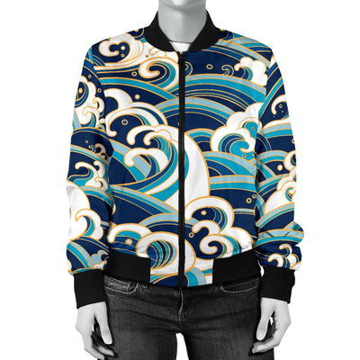 Surf Wave Pattern Women Casual Bomber Jacket