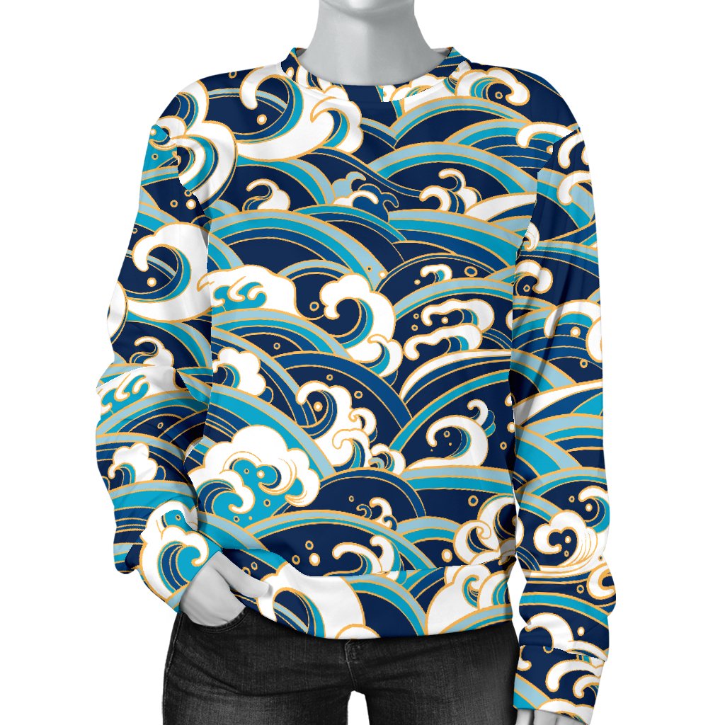Surf Wave Pattern Women Crewneck Sweatshirt