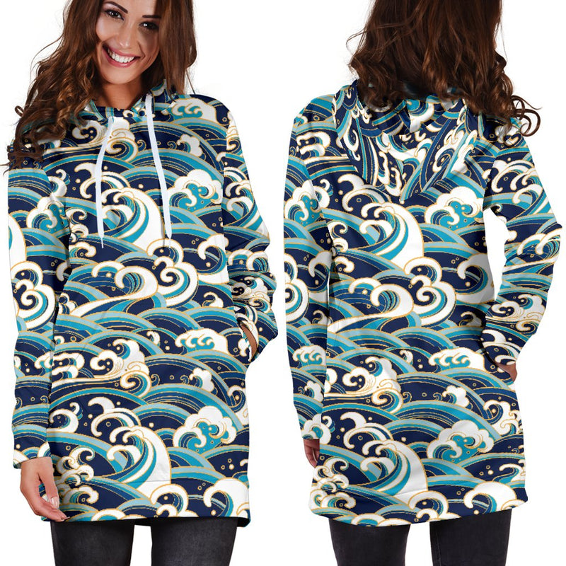 Surf Wave Pattern Women Hoodie Dress