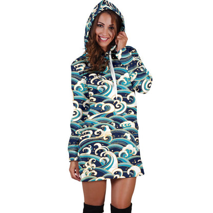 Surf Wave Pattern Women Hoodie Dress
