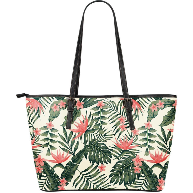 Plumeria Flower Tropical Palm Leaves Large Leather Tote Bag