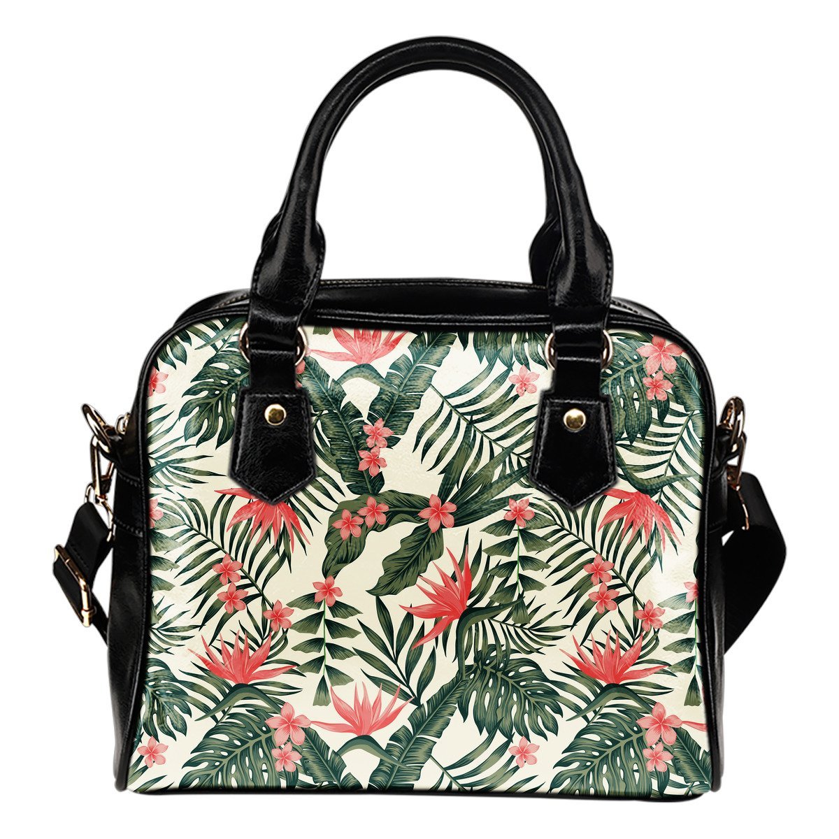 Plumeria Flower Tropical Palm Leaves Leather Shoulder Handbag