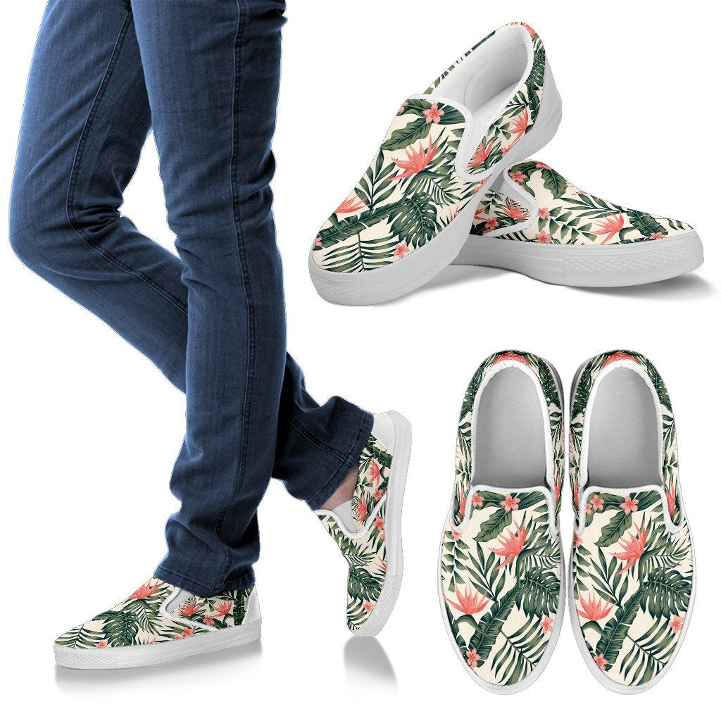 Plumeria Flower Tropical Palm Leaves Men Canvas Slip On Shoes