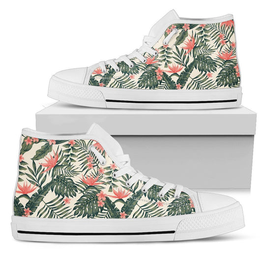 Plumeria Flower Tropical Palm Leaves Men High Top Canvas Shoes