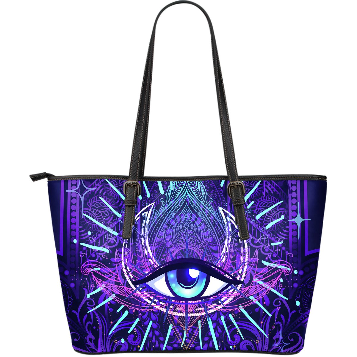 Third Eye Moon Mandala Large Leather Tote Bag