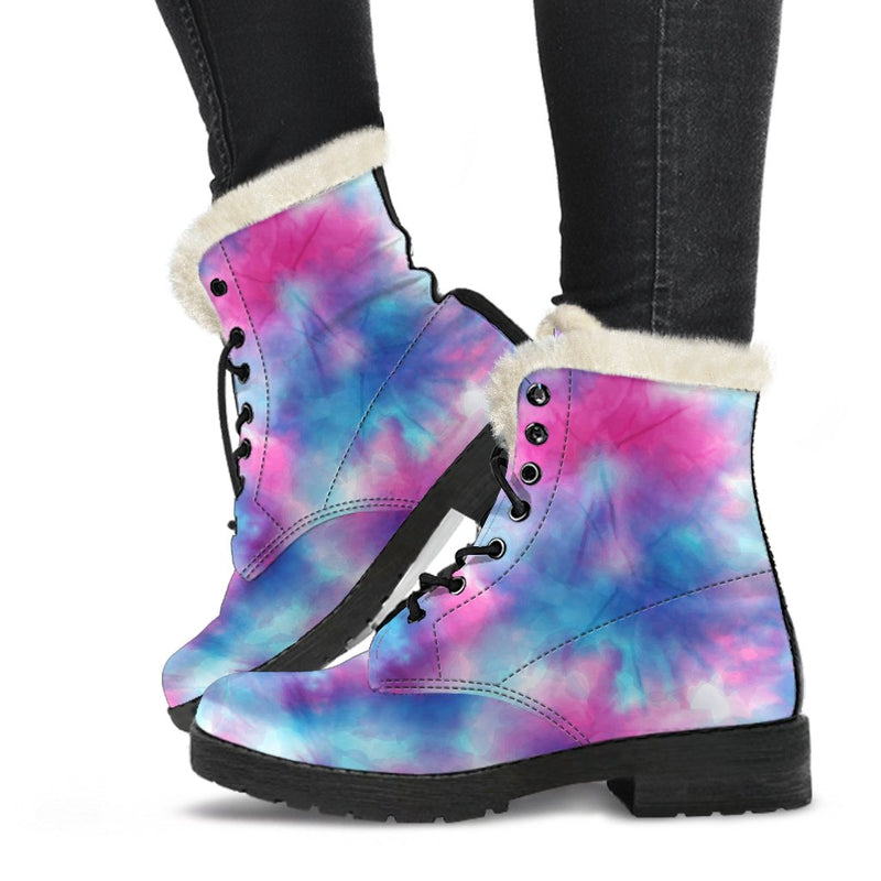 Tie Dye Blue Pink Faux Fur Leather Boots