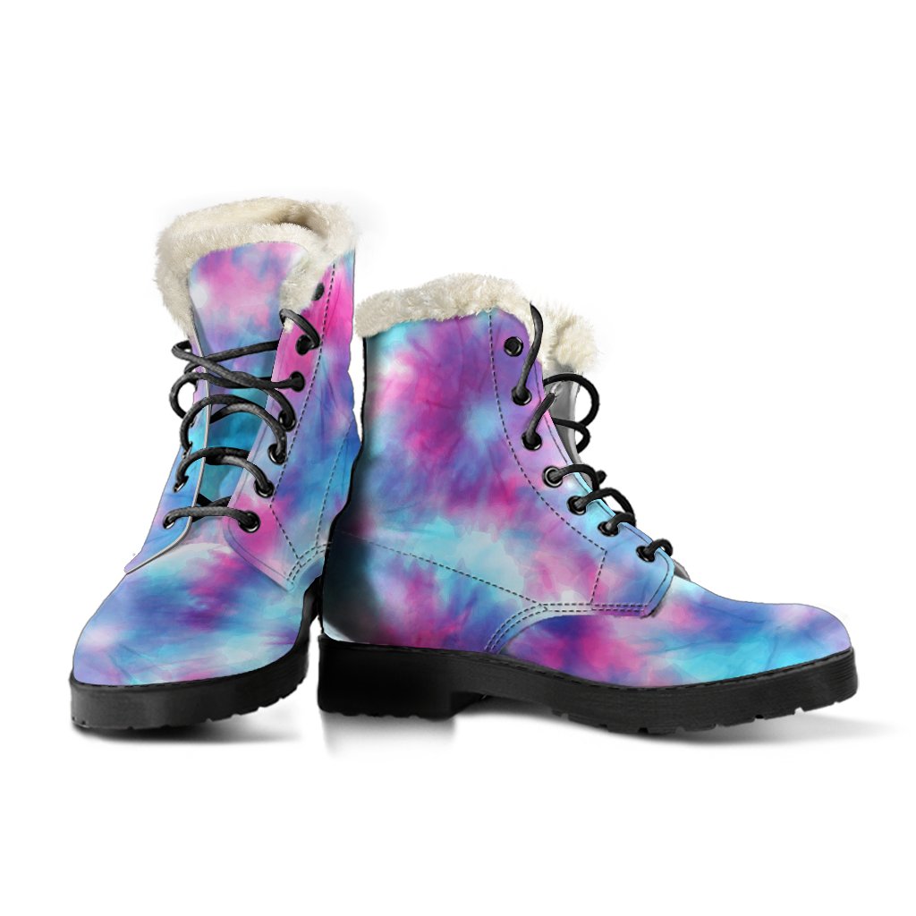 Tie Dye Blue Pink Faux Fur Leather Boots