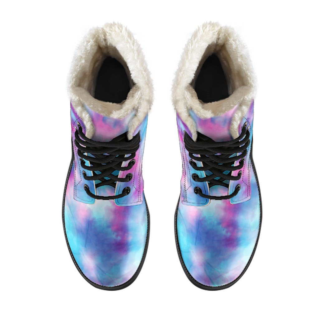 Tie Dye Blue Pink Faux Fur Leather Boots