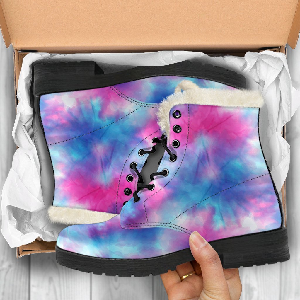 Tie Dye Blue Pink Faux Fur Leather Boots