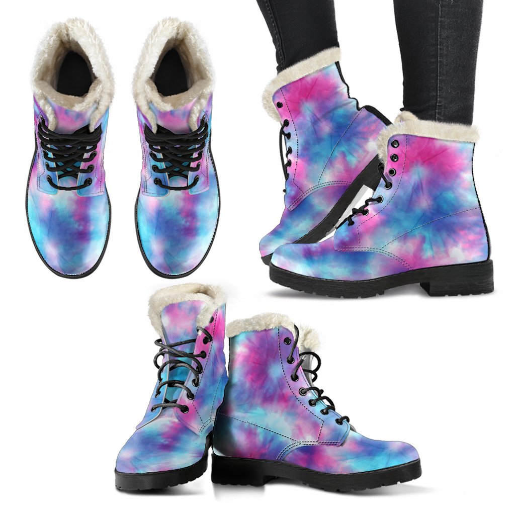 Tie Dye Blue Pink Faux Fur Leather Boots