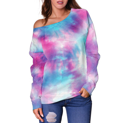 Tie Dye Blue Pink Off Shoulder Sweatshirt