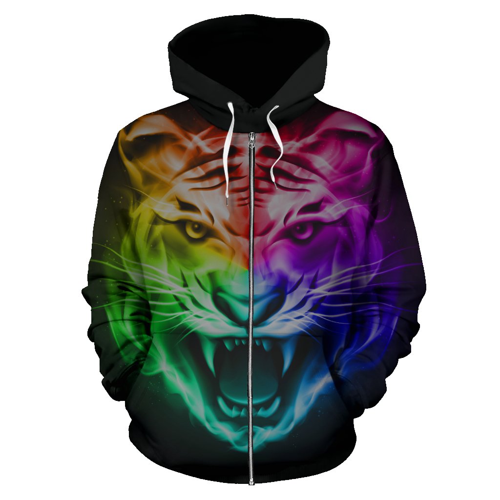 Tiger Head Colorful All Over Zip Up Hoodie