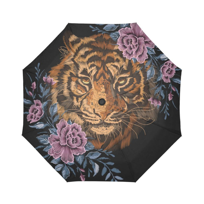 Tiger Head Floral Automatic Foldable Umbrella