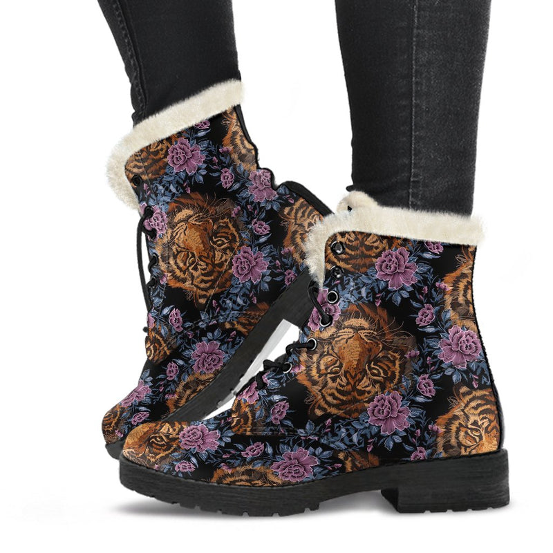 Tiger Head Floral Faux Fur Leather Boots