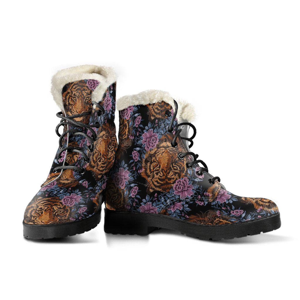 Tiger Head Floral Faux Fur Leather Boots