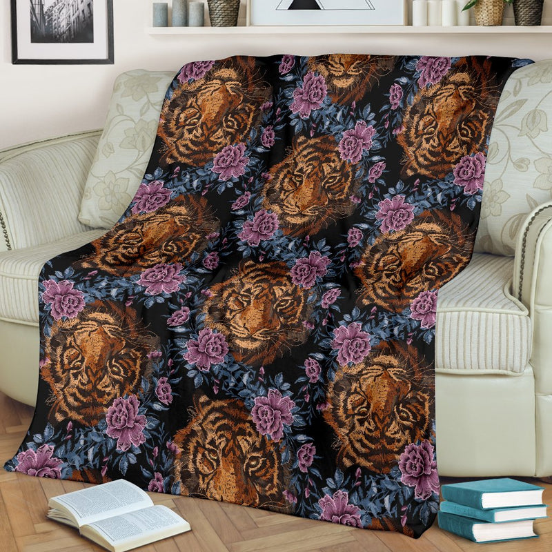 Tiger Head Floral Fleece Blanket