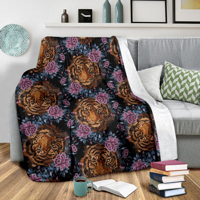 Tiger Head Floral Fleece Blanket