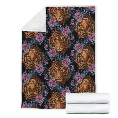 Tiger Head Floral Fleece Blanket