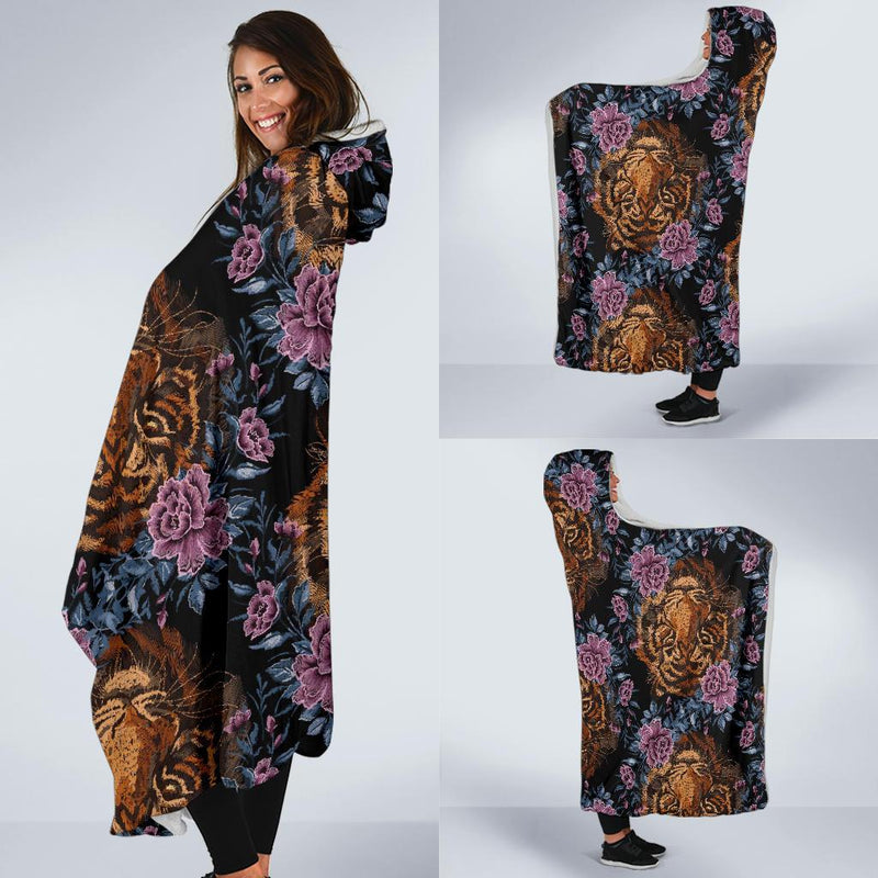 Tiger Head Floral Hooded Blanket-JORJUNE.COM