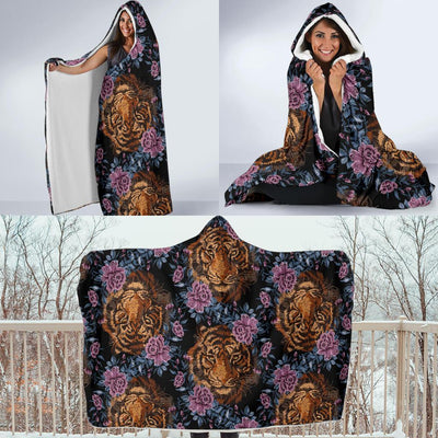 Tiger Head Floral Hooded Blanket-JORJUNE.COM