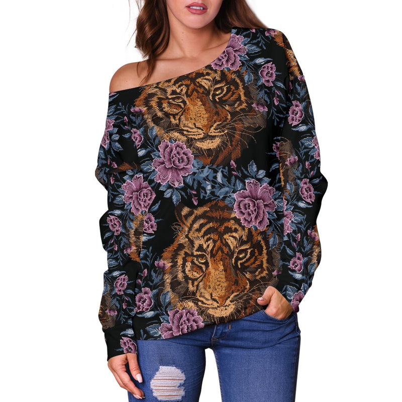 Tiger Head Floral Off Shoulder Sweatshirt