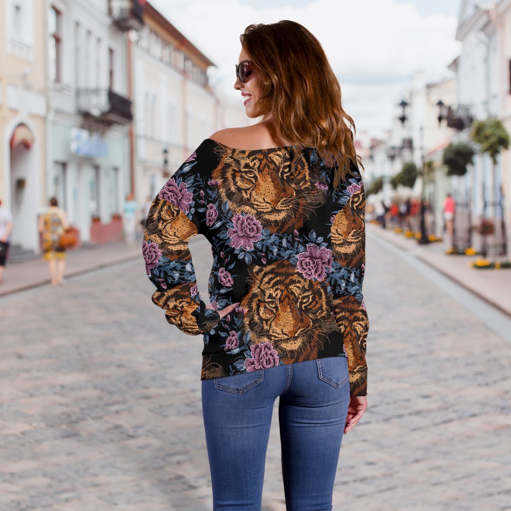 Tiger Head Floral Off Shoulder Sweatshirt