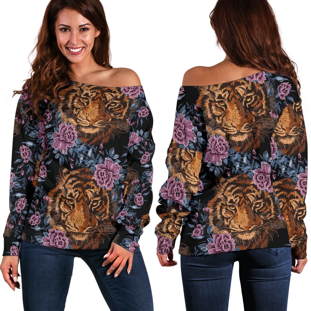 Tiger Head Floral Off Shoulder Sweatshirt