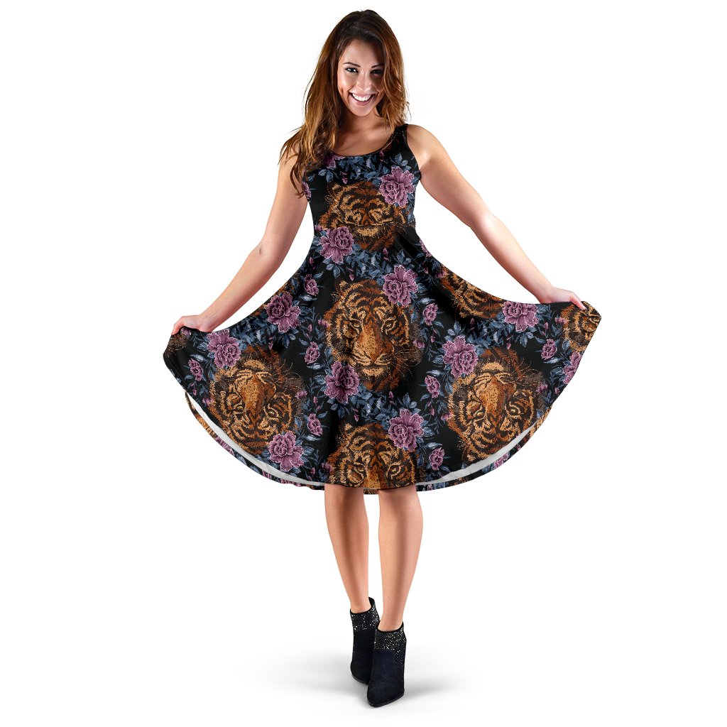 Tiger Head Floral Sleeveless Mini Dress