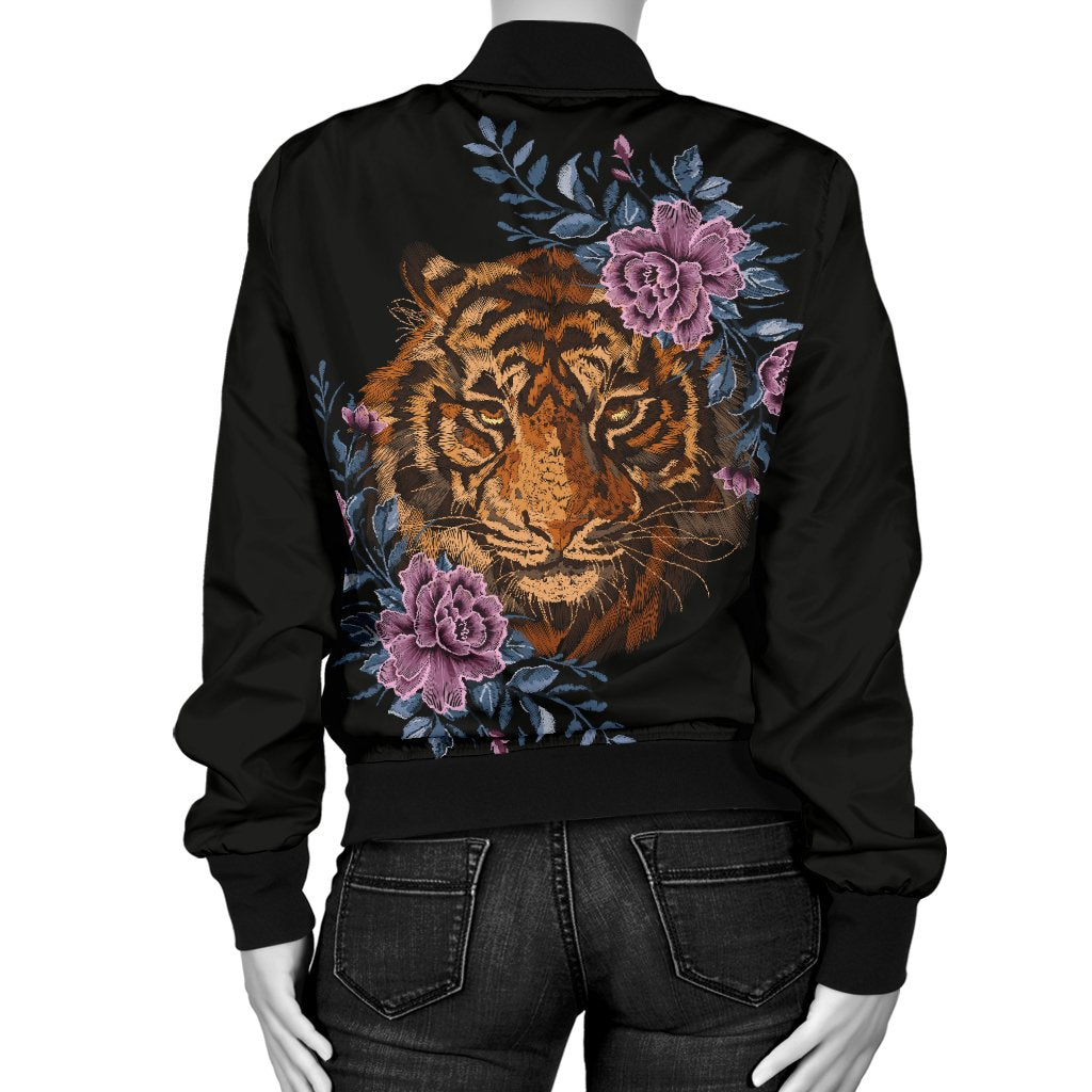 Tiger Head Floral Women Casual Bomber Jacket