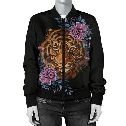Tiger Head Floral Women Casual Bomber Jacket