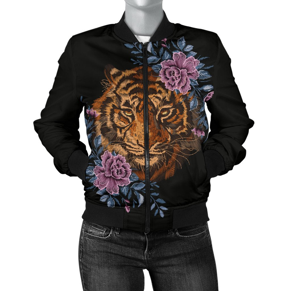 Tiger Head Floral Women Casual Bomber Jacket