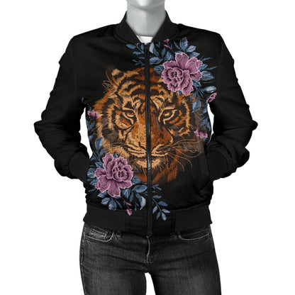 Tiger Head Floral Women Casual Bomber Jacket