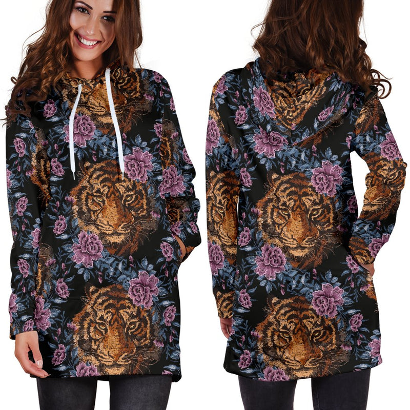 Tiger Head Floral Women Hoodie Dress