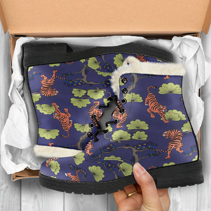 Tiger Pattern Japan Style Faux Fur Leather Boots