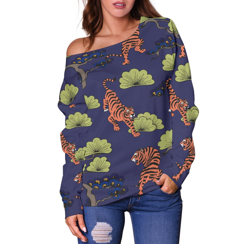 Tiger Pattern Japan Style Off Shoulder Sweatshirt