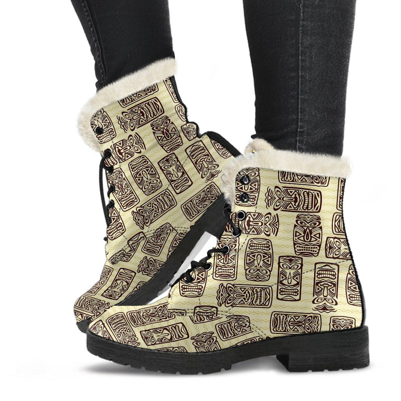 Tiki Brown Mask Print Faux Fur Leather Boots