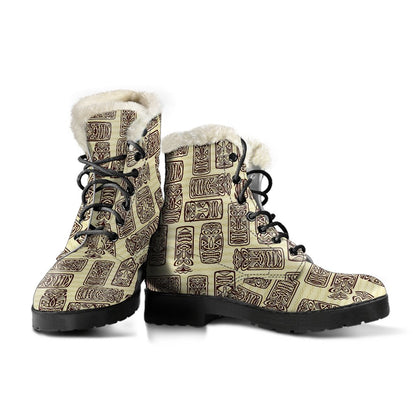 Tiki Brown Mask Print Faux Fur Leather Boots