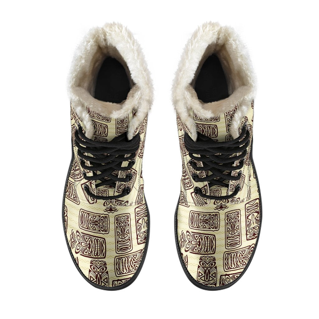 Tiki Brown Mask Print Faux Fur Leather Boots