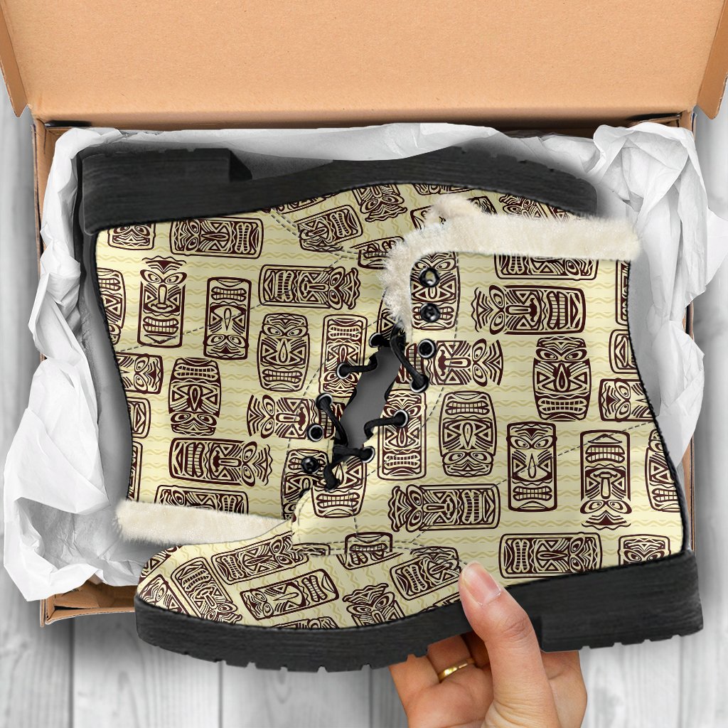 Tiki Brown Mask Print Faux Fur Leather Boots