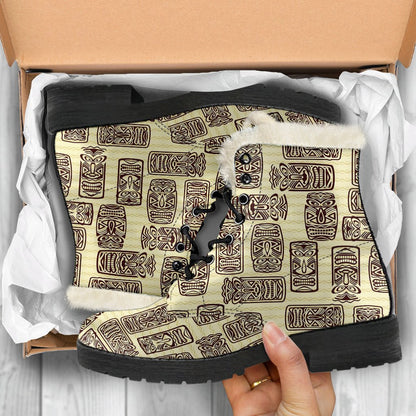 Tiki Brown Mask Print Faux Fur Leather Boots