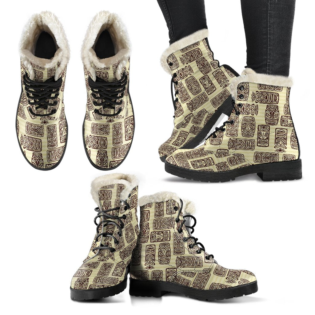 Tiki Brown Mask Print Faux Fur Leather Boots